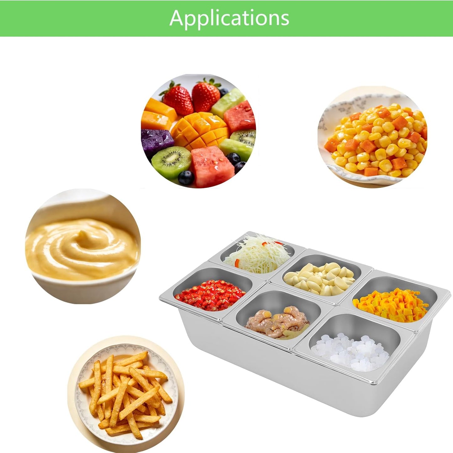 3/4/6 Compartment Stainless Steel Fruit Serving Set with Removable Acrylic Lids, Drainage Mats - Commercial Food Storage Containers for Buffet, Restaurant (3-Pan)