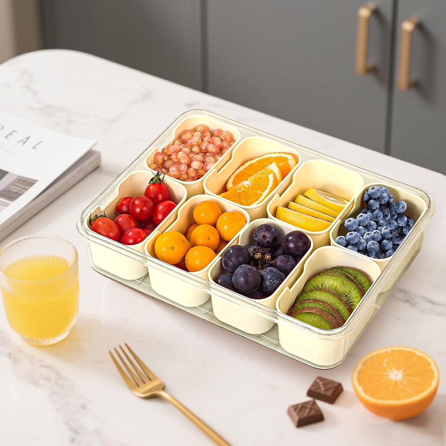 Divided Serving Tray with Lid and Handle, 8 Compartment Snacks Box with Lid and Handle, Portable Snack Box Container for Fruit Candy Nuts - Perfect for Party, Entertaining
