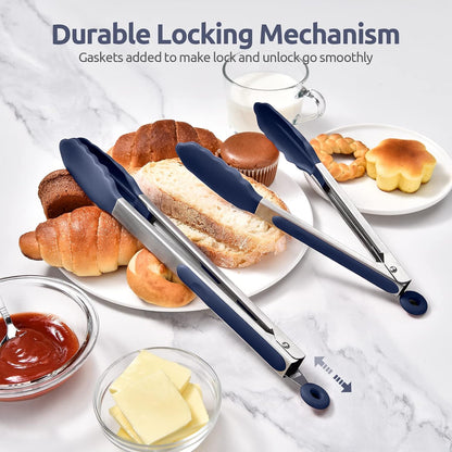 600ºF Heat Resistant Kitchen Tongs: U-Taste 9 inch Silicone Cooking Tong with Firm Sealed Non Stick Rubber Tips & Silicon Coated 18/8 Stainless Steel Handle & Smooth Locking for Serving Salad (Black)