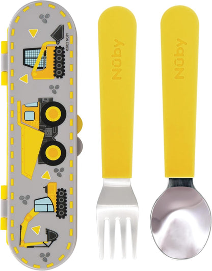Nuby Stainless Steel Toddler Utensils with Travel Case - Self-Feeding Fork & Spoon Set for Kids - Easy-to-Hold Training Utensils - Rounded Safe Edges for Self-Feeding - Unicorns