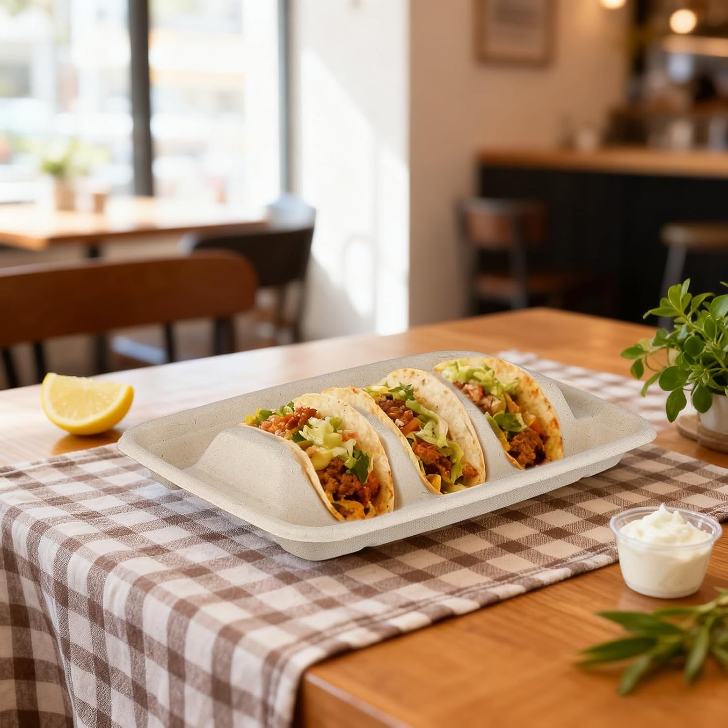 FUNSUEI 100 Pack Disposable Taco Holders with 3 Dividers, Compostable Paper Taco Plates, Party Serving Set for Taco Night, Tuesday Decorations