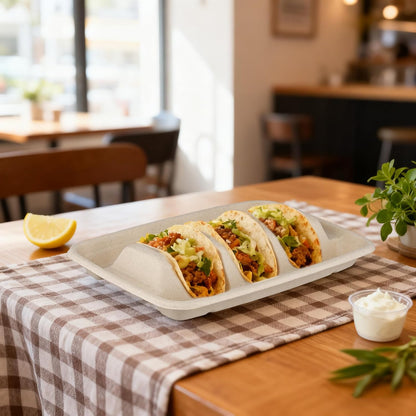FUNSUEI 100 Pack Disposable Taco Holders with 3 Dividers, Compostable Paper Taco Plates, Party Serving Set for Taco Night, Tuesday Decorations
