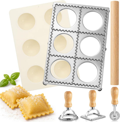Geetery 5 Pcs Ravioli Mold Set 2 Inch Square Ravioli Maker Cutter Kit with 12-Hole Raviolis Press 3 Pasta Cutter Stamps Wooden Rolling Pin Pasta Making Tool for Homemade Raviolis Home Restaurant Use