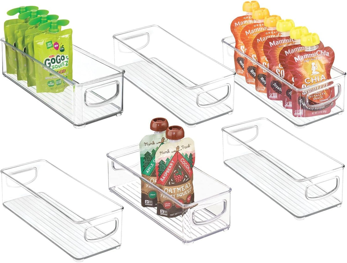 mDesign Plastic Stackable Small Organizing Bin Kitchen Pantry Cabinet, Refrigerator, Freezer Food Organization Storage Bins with Handles, Drawer Container Organizer, Ligne Collection, 6 Pack - Clear