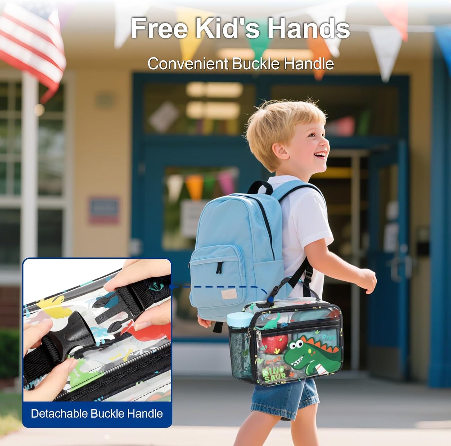Bagseri Kids Lunch Bag Boys - Thermal Insulated Lunch Box Tote with Water Bottle Holder, Reusable Leak-Proof Kids Lunch Box for Daycare & School, Black Dinosaur (Containers Not Included)