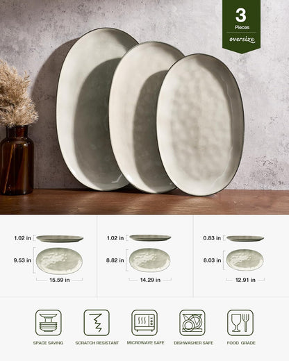 famiware Serving Platter, Oval 15.59/14.3/12.9inch Serving Dishes for Entertaining, Serving Bowls, Microwave Safe, Stoneware Serving Trays for Party, Food, Turkey, Cheese, Ocean Series, Vanilla White