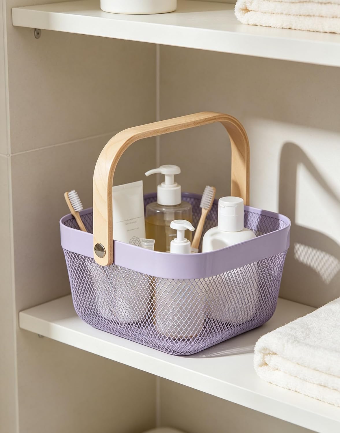 AJIODA Metal Mesh Wire Basket, Large Steel Basket with Wooden Handle Storage Organizer Basket Multi-functional Hanging Kitchen Baskets Fruit Baskets for Kitchen Bathroom Cabinet Pantry Snacks, Black