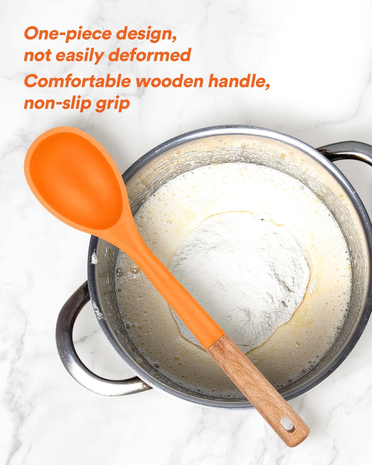 Large Silicone Cooking Spoons, Nonstick Solid Wooden Handle Spoon, Heat Resistan Silicone Kitchen Spoons for Cooking, Serving, Basting, Mixing, 13.2inch (Grey)