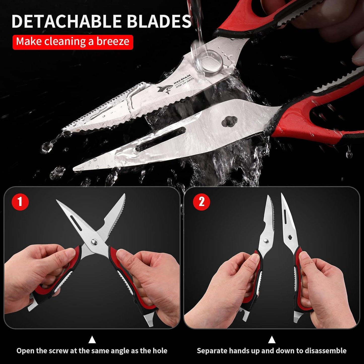 MAD SHARK Kitchen Scissors All Purpose Kitchen Shears Come Apart,Stainless Steel Utility Scissors with Comfort Grip,Heavy Duty Poultry Shears for Food,Chicken,Meat,Fish,Dishwash Safe(BLACK)