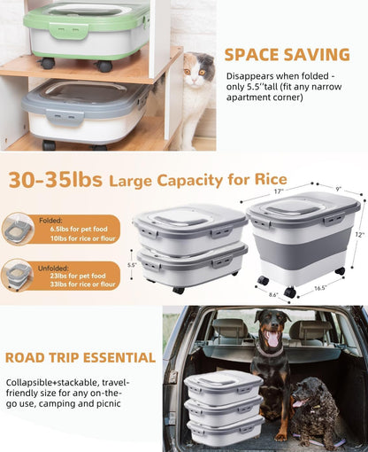 20-23 Lbs Dog Food Storage Container - Collapsible Dog Food Container with Attachable Casters and Scoop,Travel Silicone Bowl, Pet Food Storage Containers to Keep Dry Food Fresh,Easy to Move