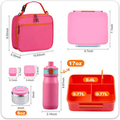 Bento Lunch Box for Kids with Thermo, Leakproof Bento Box with 8oz Insulated Food Jar, Insulated Bottle, Lunch Bag, BPA Free Dishwasher Safe 4 Compartment Container for School Girls Boys (Pink)