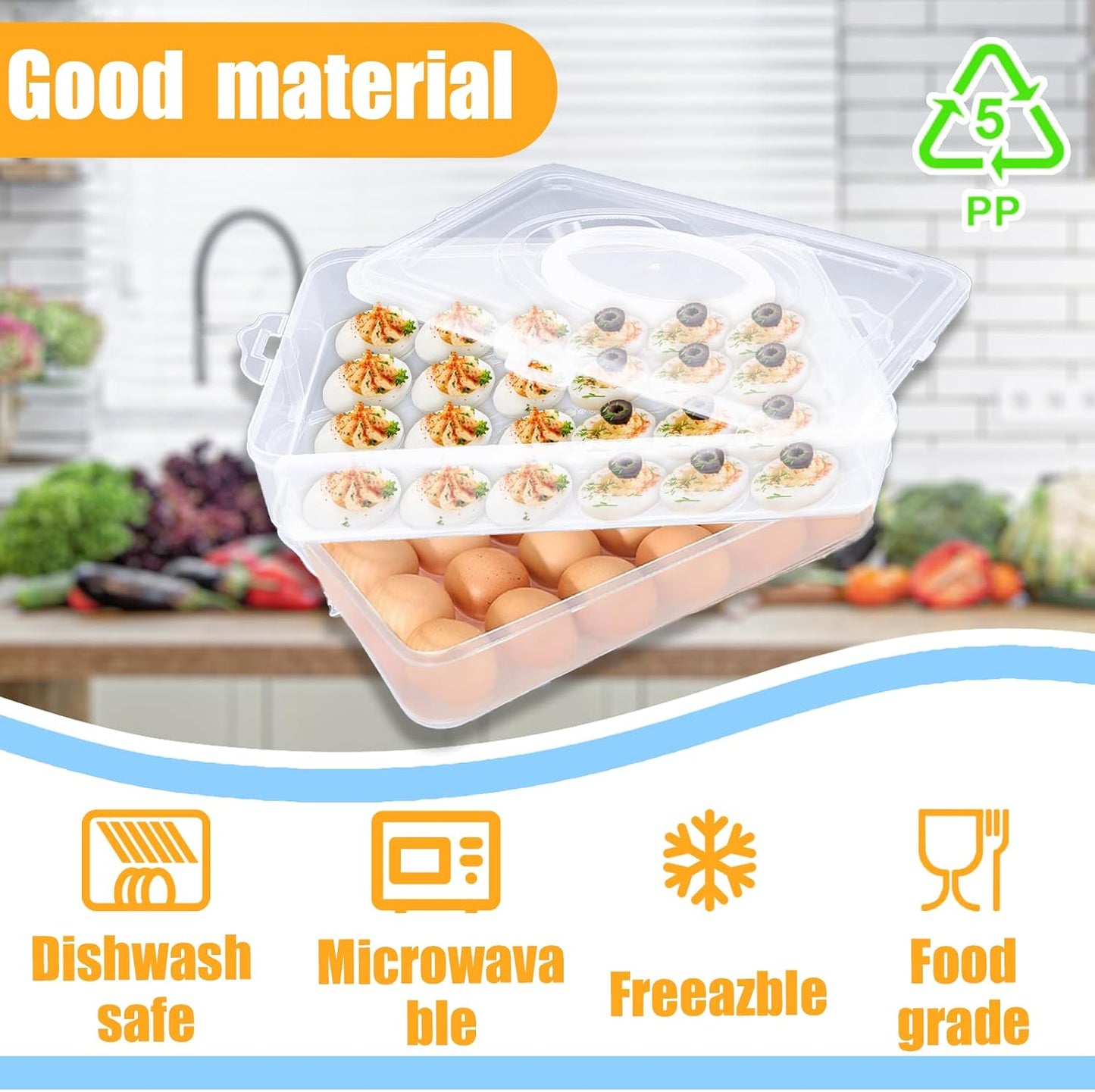 2-Layer Deviled Egg Carrier with Lid,Deviled Egg Trays with Handle,Stack Portable Stackable Trays,Clear Devil Egg Cotainer 48 eggs Holders, for Thanksgiving Day, Easter, Holiday,Parties and Kitchen
