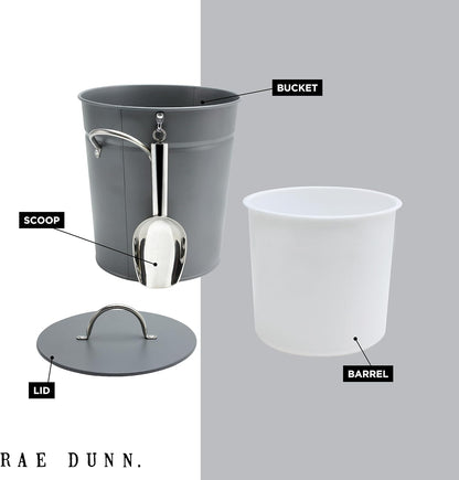 Rae Dunn Ice Bucket with Scoop - Stainless Steel Bucket with Handle, Lid and Ice Scooper - 4 Qt. Storage Bin for Ice Cubes for Bars, Parties, Backyard Barbeques, Picnics, and Camping (Black)