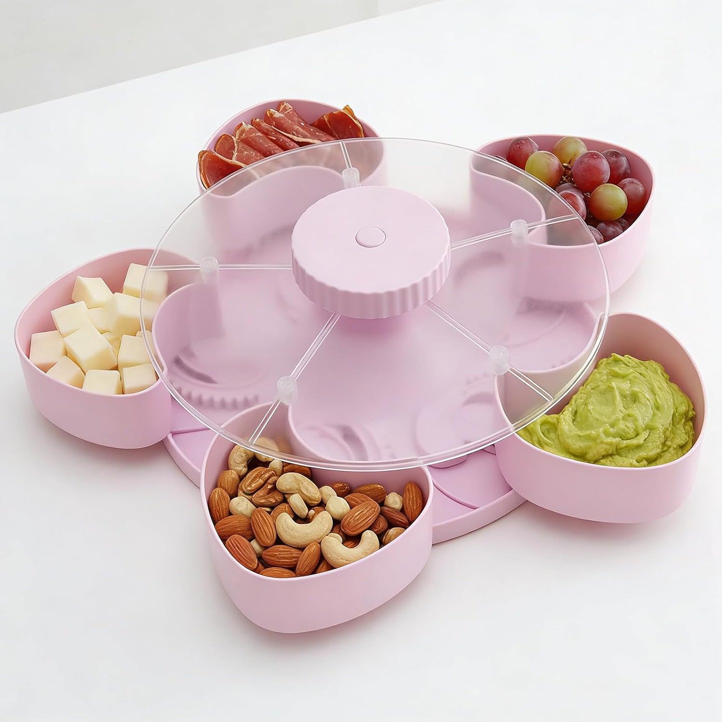 Divided Serving Tray that Spins, Divided Spin and Snack Snack Spinner with Lid, Snackle Box Container, Rotating Lazy Susan Multi-Compartment Tray for Fruit, Nuts, Candy, Party & Picnic (Grey)