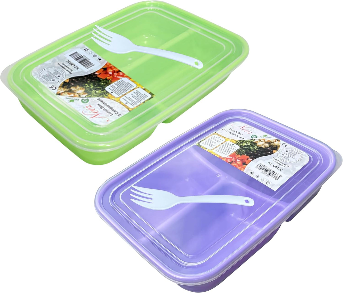 Neez 2-Pack Reusable Bento Box Lunch Containers- 3 Compartment Divided Lunch Organizer, Meal Prep Lunch Box with Lids, Microwave Safe & Sectioned Food Containers(48oz Green & Purple)