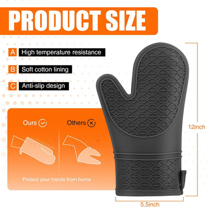 Silicone Oven Mitts, Heat Resistant 2PCS Oven Mitts with Soft Cotton Lining, Waterproof Non-Slip Grip Oven Glove, Kitchen Potholder Mits for BBQ, Baking, Cooking, 12.5 Inch - Grey