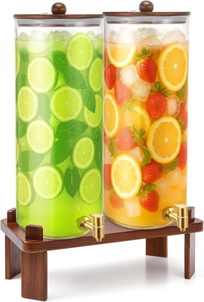 FillTouch 2 Pack 5 Gallon Glass Drink Dispenser with Acacia Wood Stand and Lid, Large Glass Beverage Dispenser with Spigot Perfect for Juice, Tea, Sangria, Lemonade, Weddings, Party, Outdoor Events