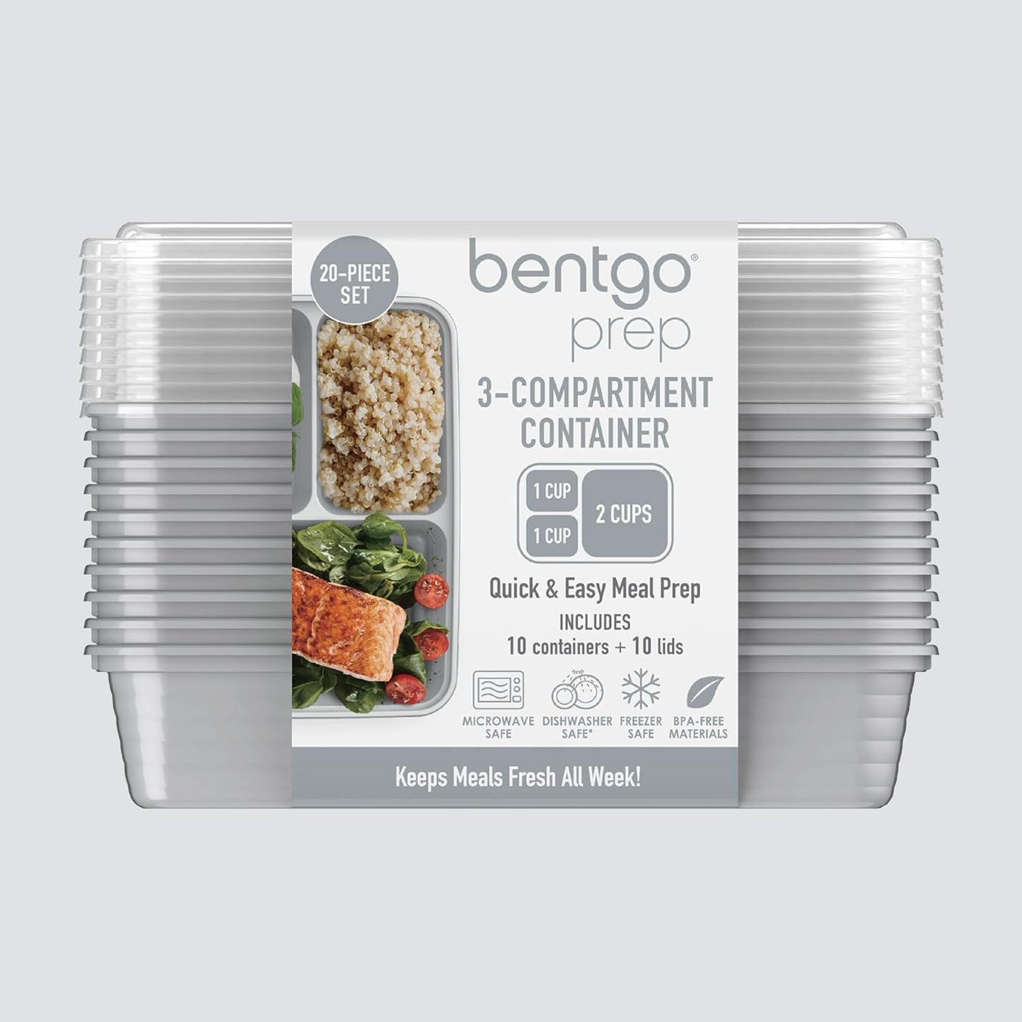 Bentgo Prep - 20-Piece 3-Compartment Reusable Meal Prep Containers with Lids, PFAS & BPA Free Materials, Durable, Microwave, Freezer, & Dishwasher Safe To Go Food Storage (Stone Gray)