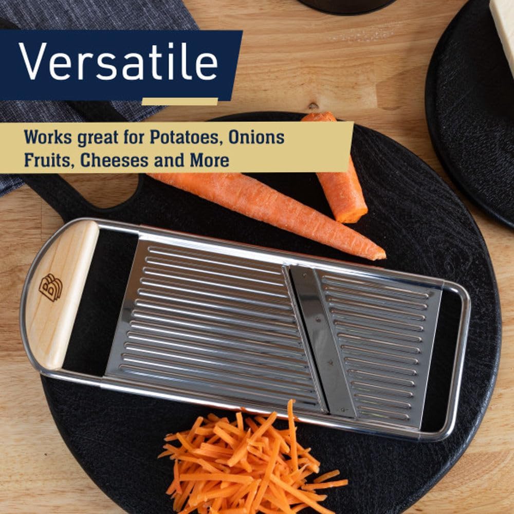 Handheld Mandoline Slicer for Kitchen - Stainless Steel Flat Mandolin with Cherrywood Handle - Julienne Cutter for Vegetable and Fruits - Italian Made Kitchen Gadgets by Kings County Tools