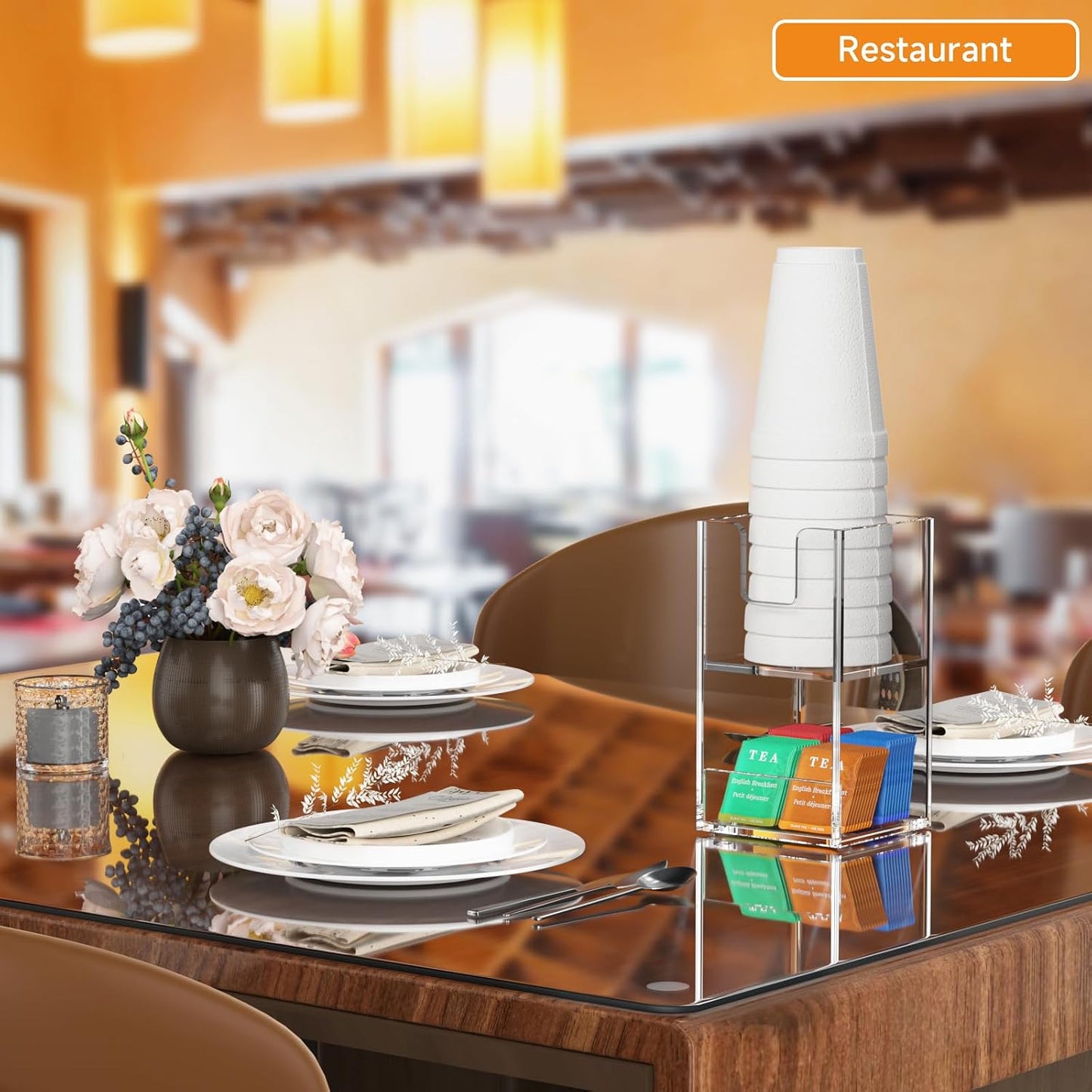 Beego 2-Compartment Cup Holder for Countertop - 2-Tier Clear Acrylic Cup Dispenser Coffee Station Paper Cup and Lid Organizer Condiment Storage for Restaurant Breakroom Kitchen Bar Accessories