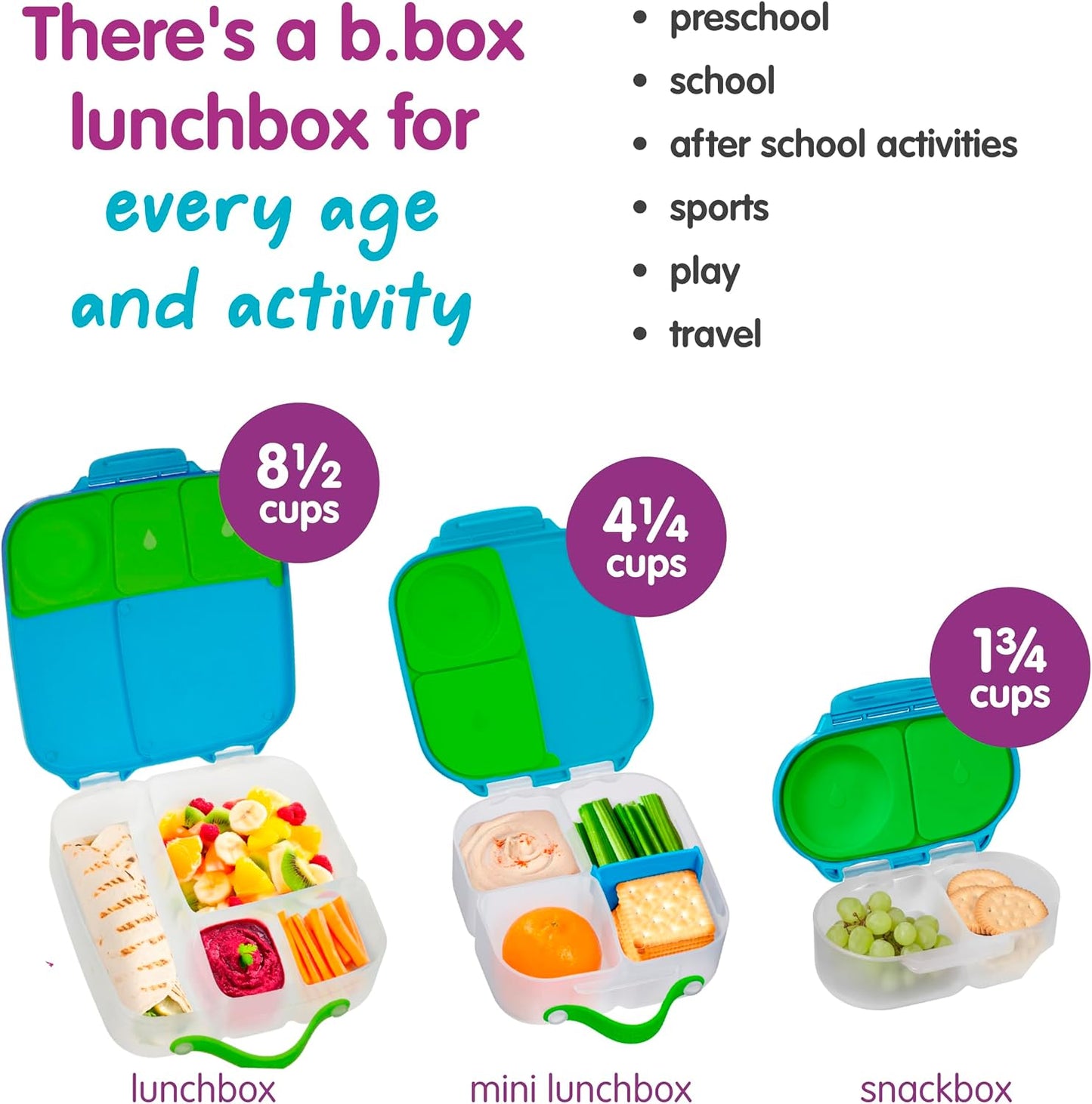 b.box Mini Lunch Box 2-Pack, Leak Proof Bento Box for Kids, 3 Compartment Snack Containers Ages 3+, Lunchbox for Daycare + School, Dishwasher Safe, BPA-Free, PFAS-Free, 4.25 Cup - Blue + Green