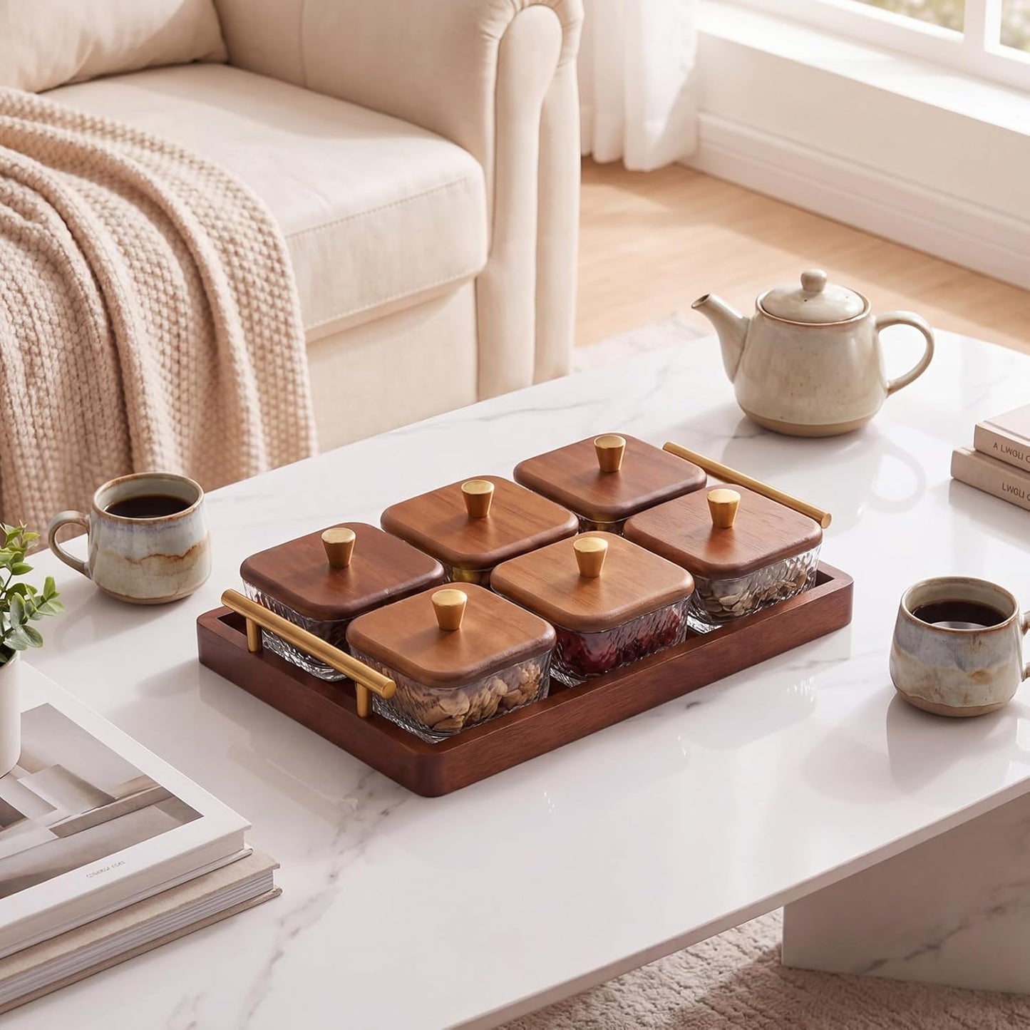 Domensi 6 Glass Snackle Box with Wood Tray and Lids Dry Fruit Container Jars Divided Serving Snack Tray with Gold Handles, Snackle Box Container Platter for Candy, Condiments Home Entertaining