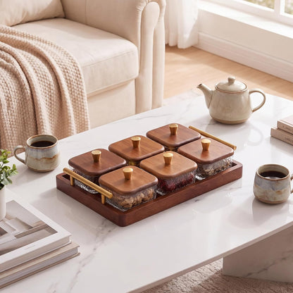 Domensi 6 Glass Snackle Box with Wood Tray and Lids Dry Fruit Container Jars Divided Serving Snack Tray with Gold Handles, Snackle Box Container Platter for Candy, Condiments Home Entertaining