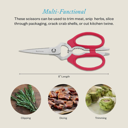 Messermeister 8-Inch Take-Apart Kitchen Scissors, Red - Includes Screwdriver, Nut Cracker, Jar Lid Opener/Gripper, Bottle Opener & Bone + Twig Cutter - Suitable for Lefties & Righties