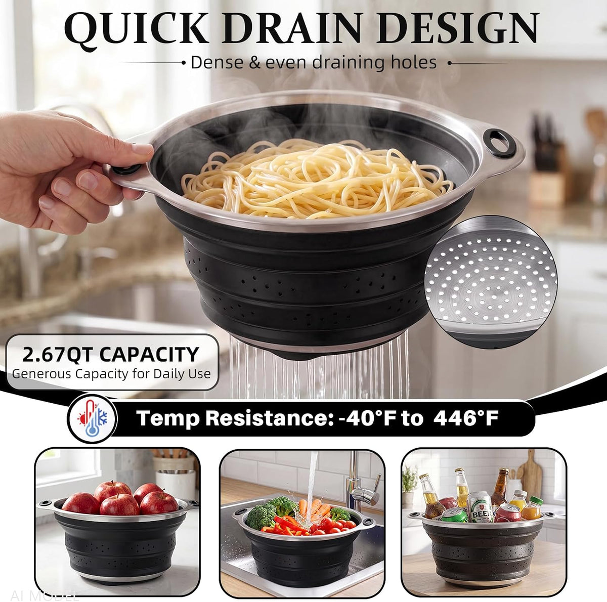 Collapsible Colander Set with Silicone Mat,2-in-1 Stainless Steel Colander for Kitchen, Foldable Metal Colander, Space-Saving for Pasta Veggies Fruit(NAVY BLUE)
