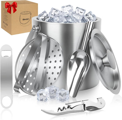 Ice Buckets for Parties 3L (101 fl oz) - 6PC Stainless Steel Ice Bucket with Lid, Scoop, Tongs & Beer Wine Opener – Double-Wall Insulated Bar Ice Bucket for Cocktail Bar & Outdoor Events