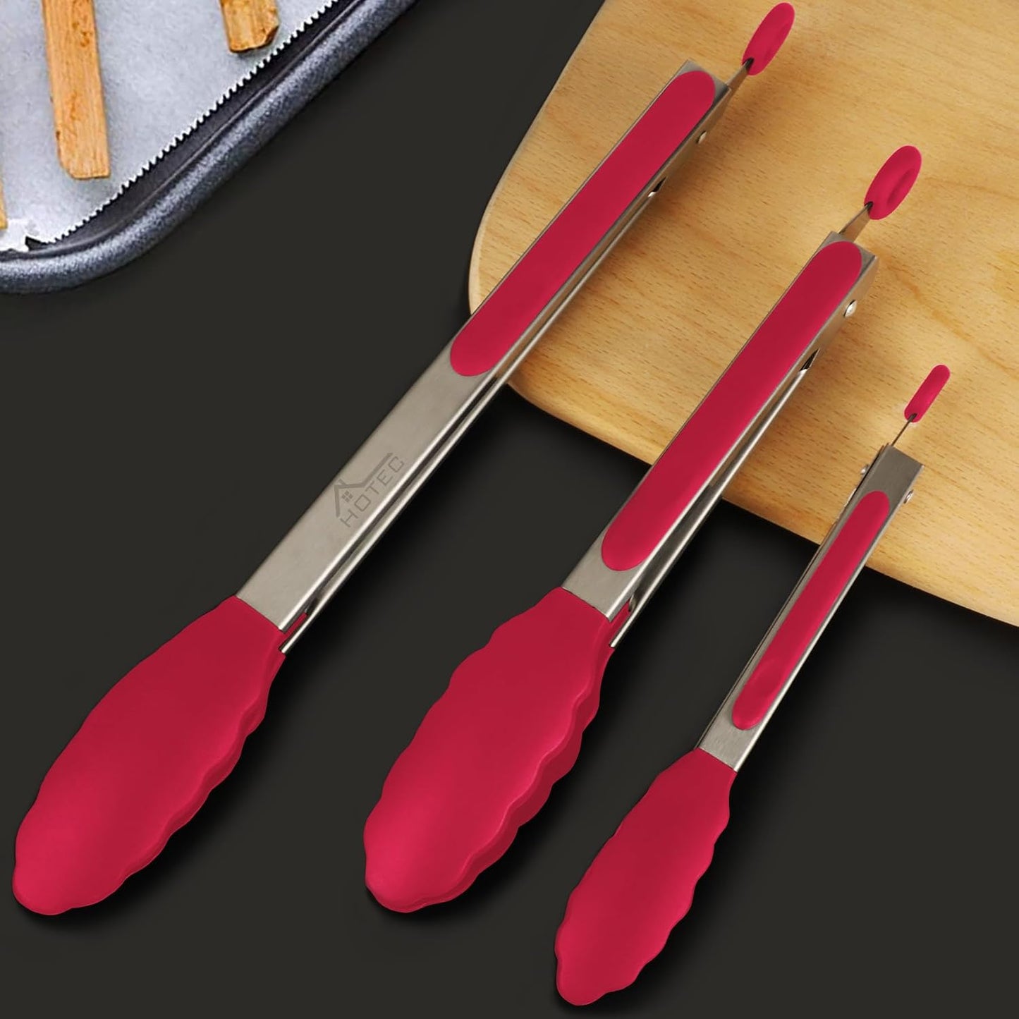 HOTEC Premium Stainless Steel Locking Kitchen Tongs with Silicon Tips, Set of 2-9" and 12"
