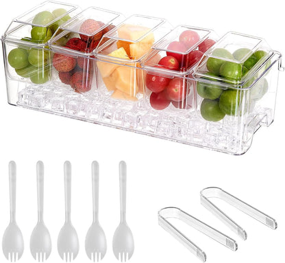 Chilled Condiment Server，Taco Bar Serving Set for Party，15.3" Condiment Serving Platters with 5 Separate Lids and Removable Compartments, Set of 5 Serving Spoons & 2 Clips (5 Containers, 1 pack)