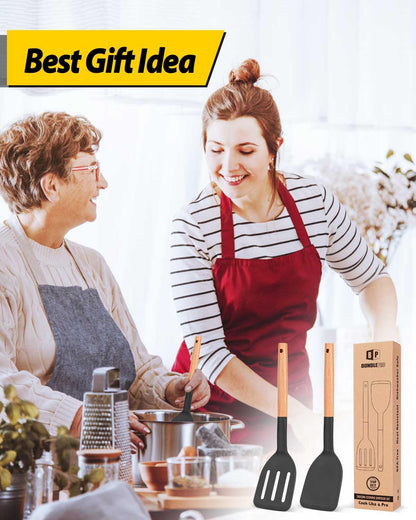 BUNDLEPRO Silicone Spatula, Solid & Slotted Turner, BPA-Free, 2 Pack, Black