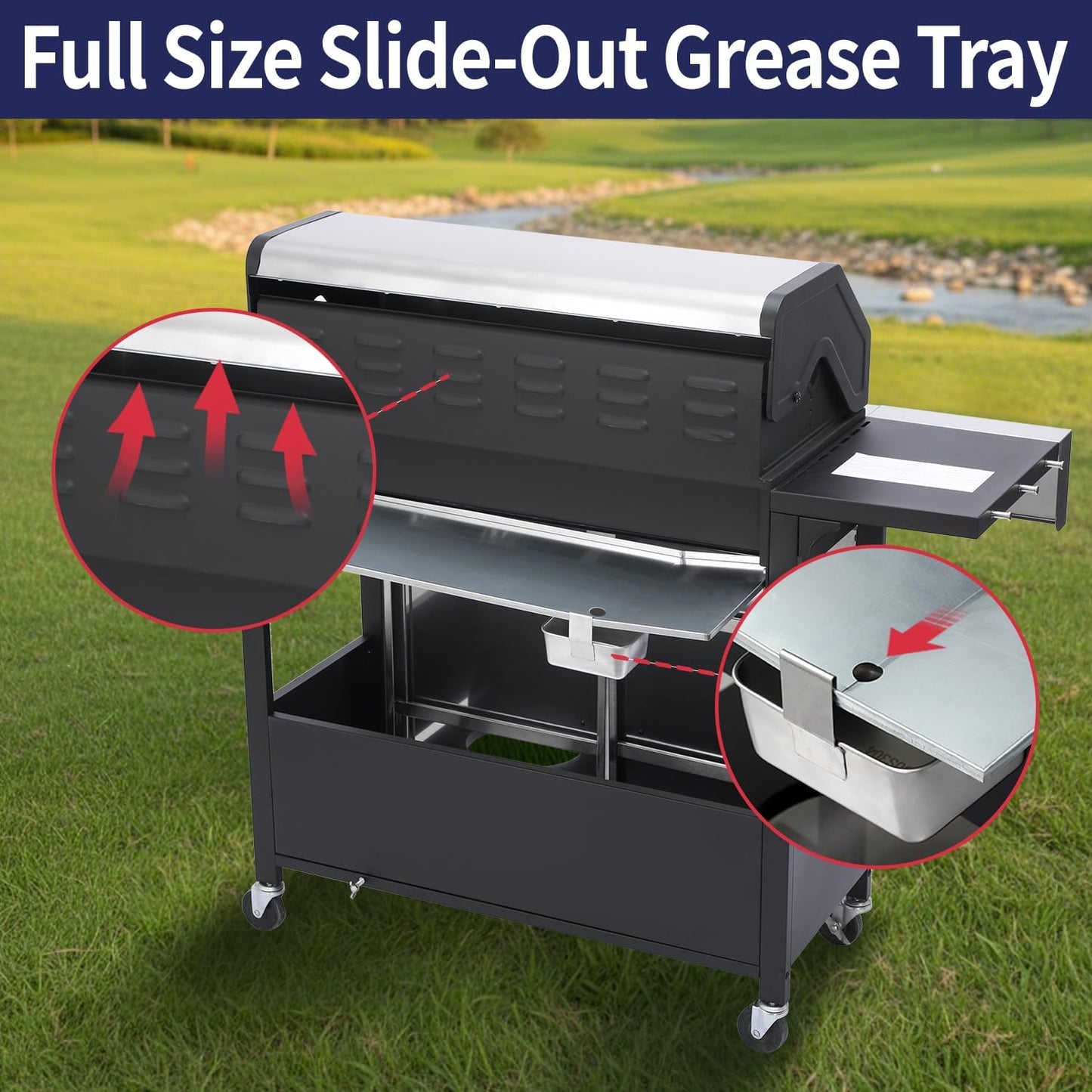 69,000 BTU 6+1 Burner Propane Gas Grill with Cast Iron Grids & Griddle Plate, Double-Wall Stainless Steel Lid – Even Heat, Easy Clean, Perfect for Backyard BBQ