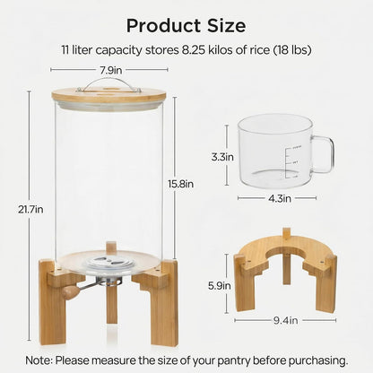 HBlife 5-7 Lbs Glass Rice Dispenser with Wooden Stand Flour and Cereal Container with Glass Measuring Cup Pantry Food Organization Storage Bin with Airtight Bamboo Lid, 3L