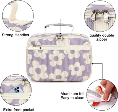 Bluboon Insulated Lunch Bag for Girls & Boys, Corduroy School Lunch Box with Cooler & Organizer Compartments, Leak-Proof Lunch Tote for School, Travel (Corduroy Strawberries Beige)
