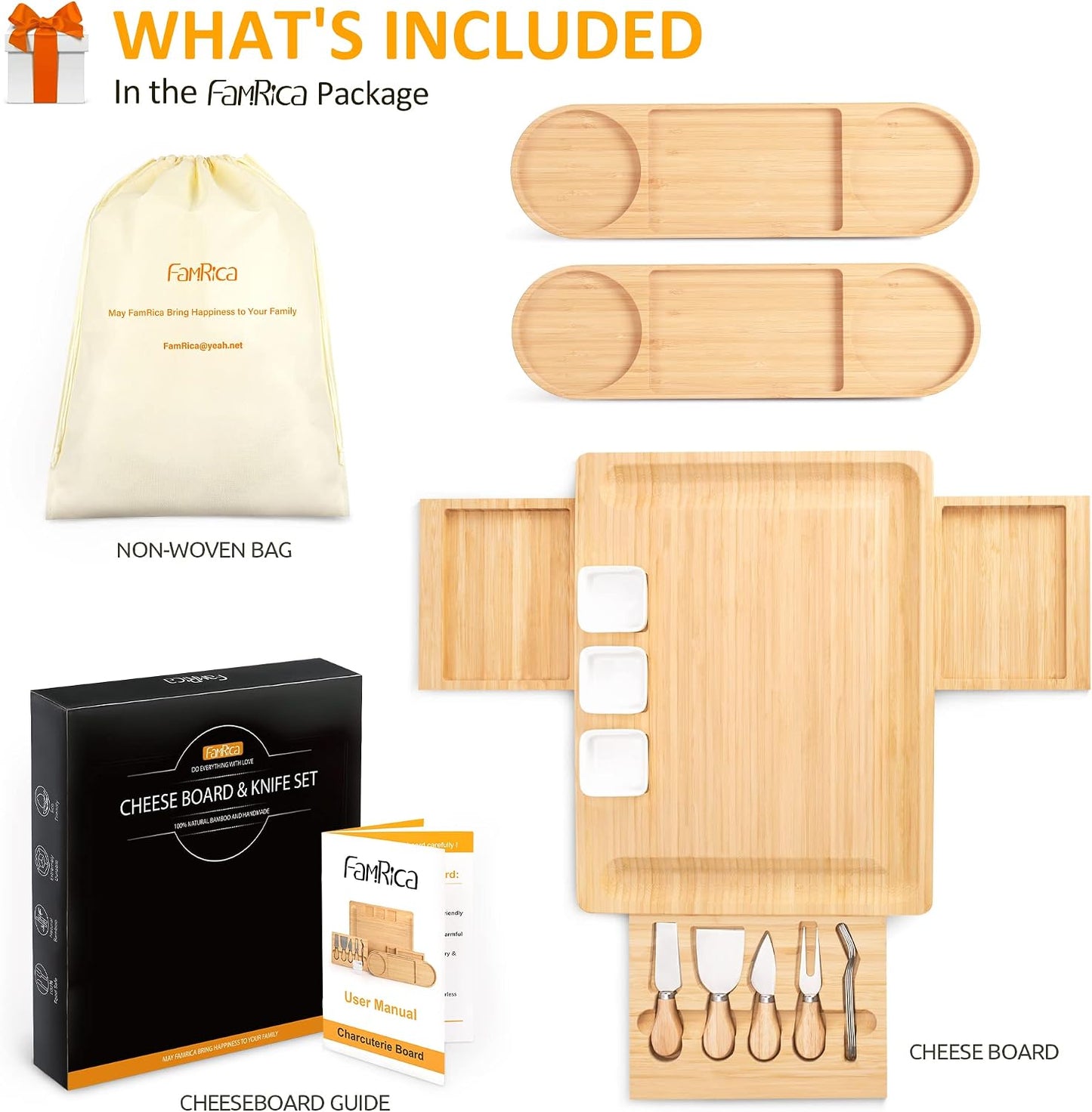 Charcuterie Board Set - FamRica Extra Large Cheese Board with 2 Drawers Bamboo Cheese Tray Serving - Unique Wedding Housewarming Birthday Gifts