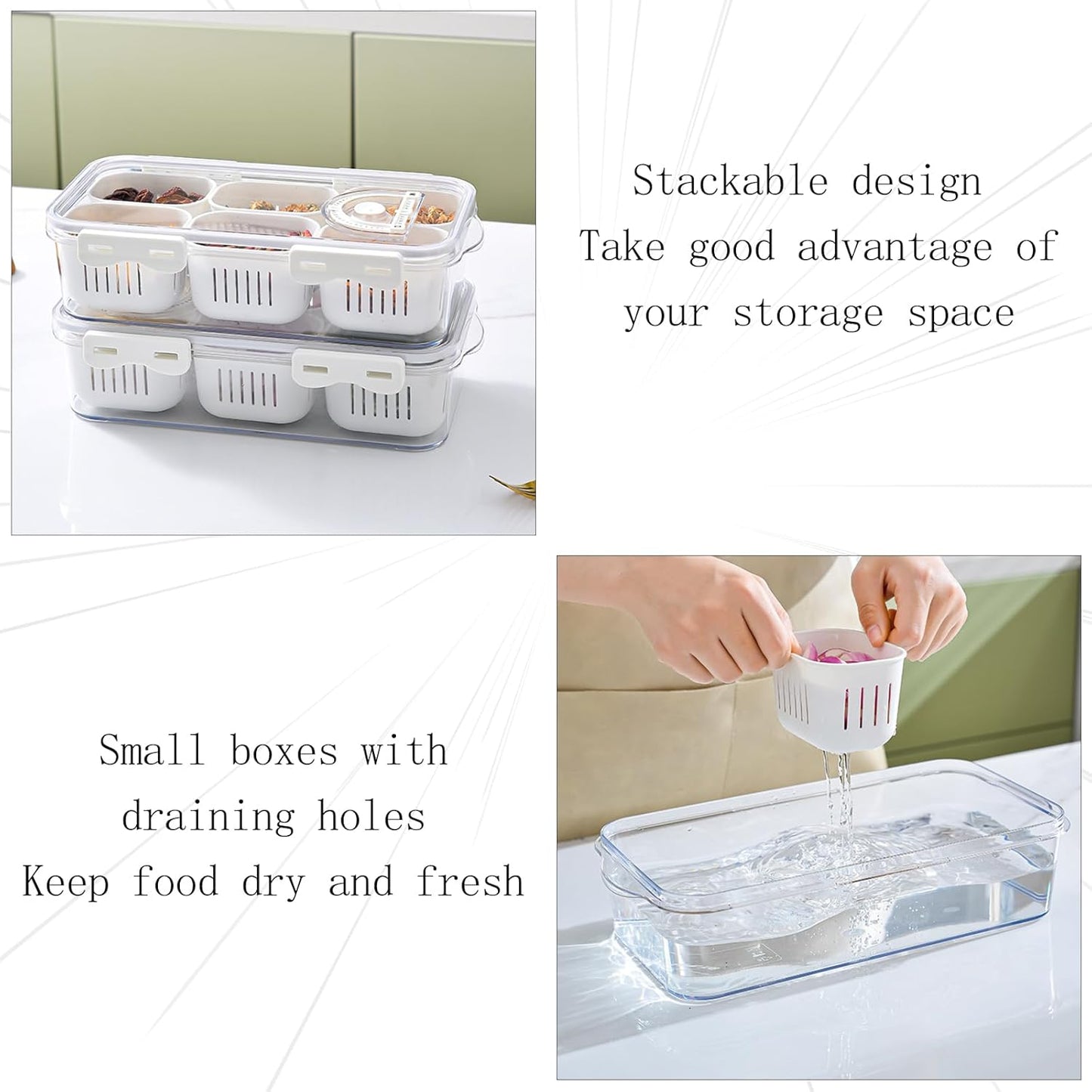 Divided Serving Tray with Lid for Veggie Charcuterie Container Portion Control Salad Keeper with 4 Removable Boxes Stackable Refrigerator Organizer Bins Food Storage Organizer Produce Saver
