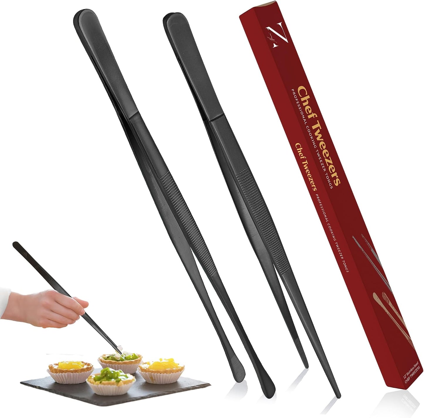 Namre' Tweezer Tongs for Cooking -Plating Tweezers - 2 Pack Stainless Steel Cooking Tongs - Thin Chopstick Tongs (Silver)