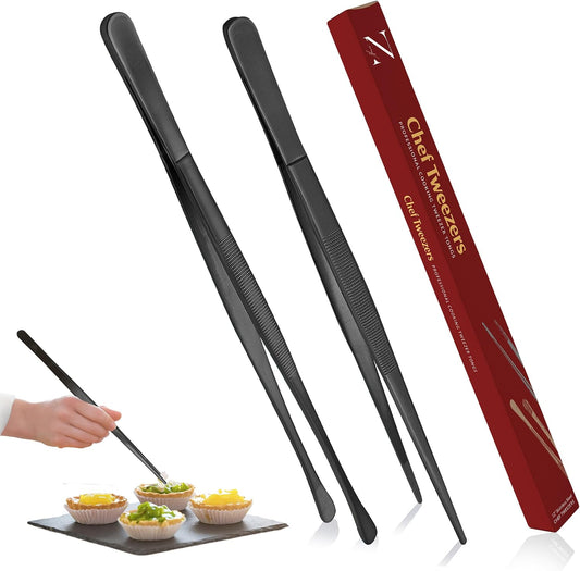 Namre' Tweezer Tongs for Cooking -Plating Tweezers - 2 Pack Stainless Steel Cooking Tongs - Thin Chopstick Tongs (Silver)