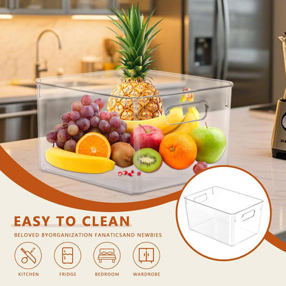 MOONEDGE Large Clear Plastic Storage Bins 4 Pack, 12" x 8" x 6" Stackable & Durable Organizers for Kitchen, Pantry, Refrigerator & Bathroom – Food Safe, Easy to Clean, Ideal for Home Organization