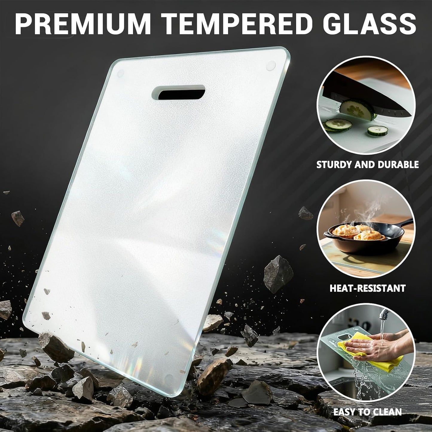 Tempered Glass Cutting Board for Kitchen, 2PCS Clear Chopping Board with Handle (16"x12" & 12"x8"), Plastic Free, Scratch Resistant, Heat Resistant, Dishwasher Safe, Non-toxic, Easy to Clean