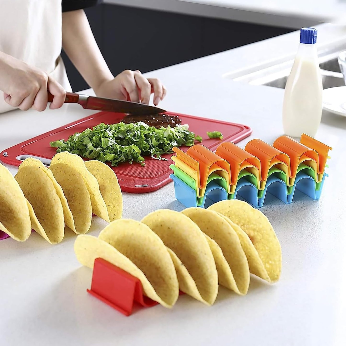 Taco Holder, 2Pcs Taco Plates Holder, Tacos Stands for 4 Tacos, Tacos Plates Rack Tray with Dividers