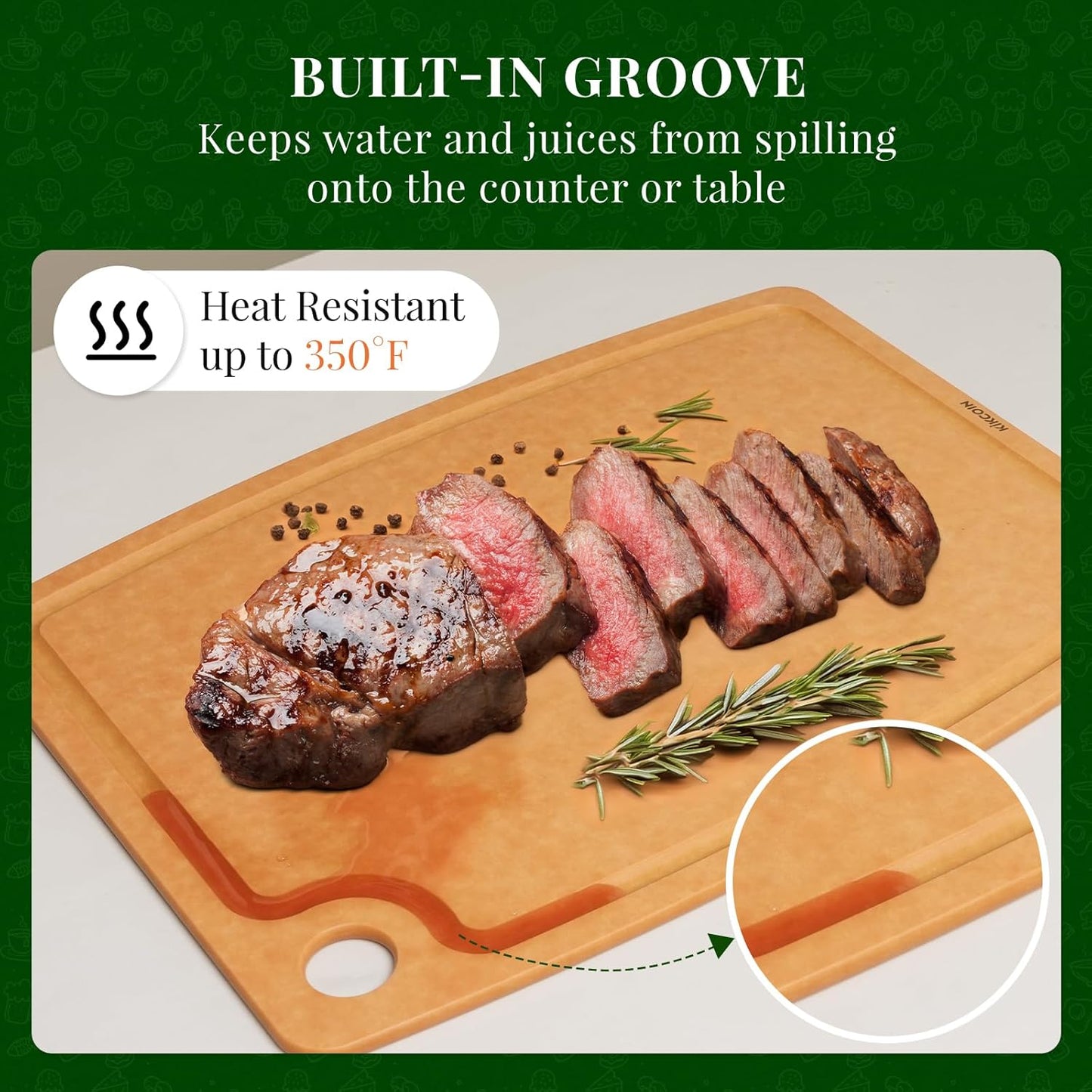 Kikcoin Wood Cutting Board, Cutting Boards for Kitchen Dishwasher Safe Non-slip Chopping Board with Juice Groove, Wood Fiber Composite Cutting Board with Hanging Hole, 14.6"*10.8"