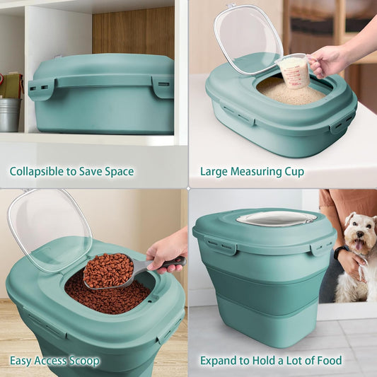 Komzon Rice Storage Bin Cereal Containers, 13-50lb Collapsible Rice Container Dispenser with Transparent Lid, Rolling Wheels, Measuring Cup and Scoop, Airtight Dog Cat Pet Food Storage Container White