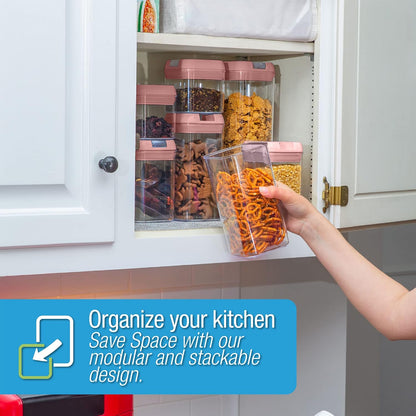 Set of 7 Airtight Food Storage Containers - Pantry Organizer Bins, BPA Free Plastic Containers plus Dry Erase Marker and Labels, White