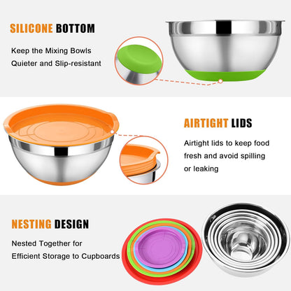 P&P CHEF Mixing Bowl with Lid Set, 5 Piece Stainless Steel Mixing Nesting Bowls for Salad Storage, 3 Grater Attachments & Non-Slip Bottoms, Size 1/1.5/2 / 2.6/4.6 QT, Black