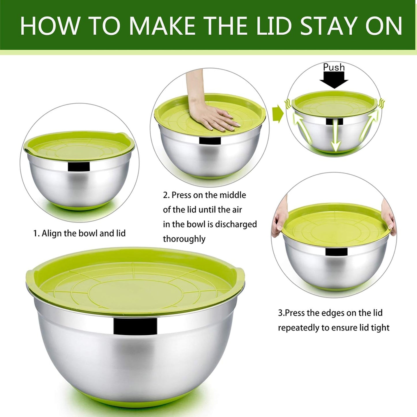 P&P CHEF Mixing Bowls with Lids Set of 5, Stainless Steel Nesting Salad Bowl with Lid & Base for Non-slip Mixing Prepping Storing Serving, 5 Sizes-7/3.5/2.5/1.5/1 QT, Khaki