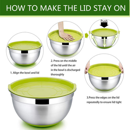P&P CHEF Mixing Bowls with Lids Set of 5, Stainless Steel Nesting Salad Bowl with Lid & Base for Non-slip Mixing Prepping Storing Serving, 5 Sizes-7/3.5/2.5/1.5/1 QT, Khaki