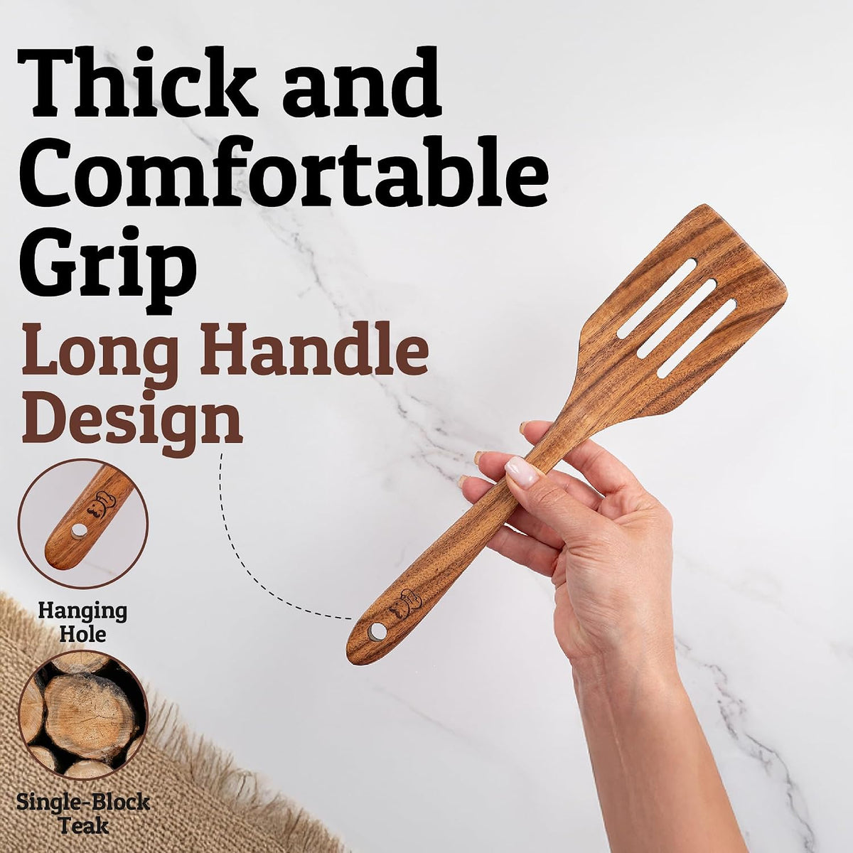 PriorityChef Wooden Slotted Spoon - Premium Teak Cooking Utensil for Frying, Straining & Serving - Long Handle Kitchen Spoon for Nonstick Cookware - Handcrafted Durable Wood